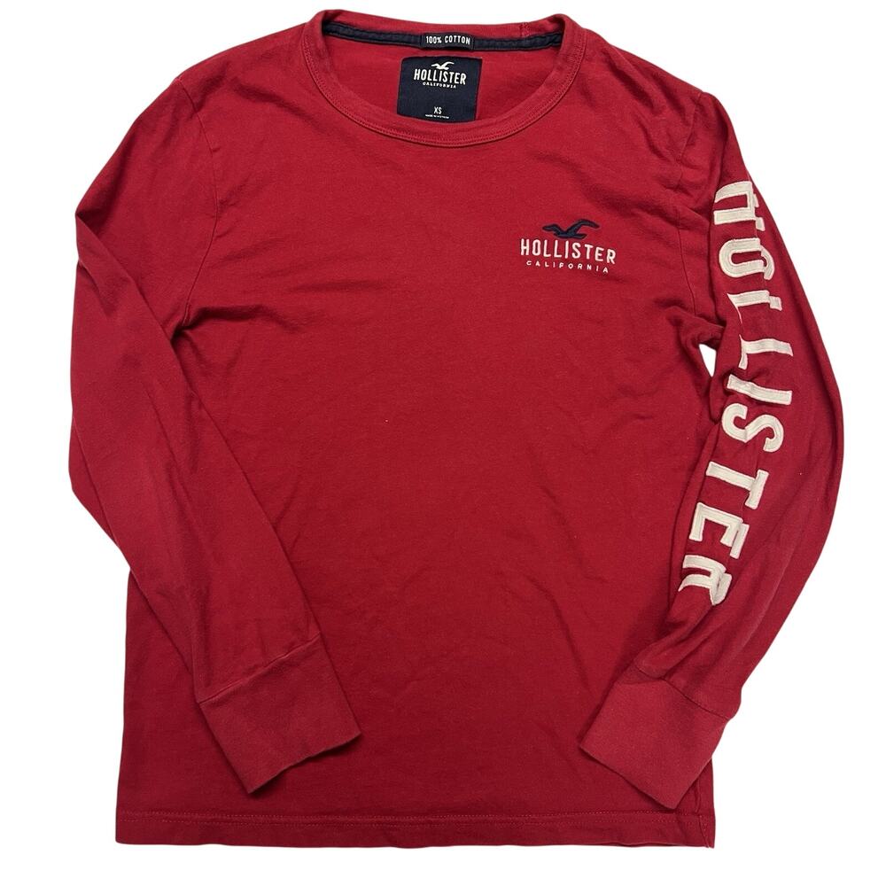 Hollister Men's Y2K Red Long Sleeve Puff Logo‎ Cotton Size XL 2000's Seagull